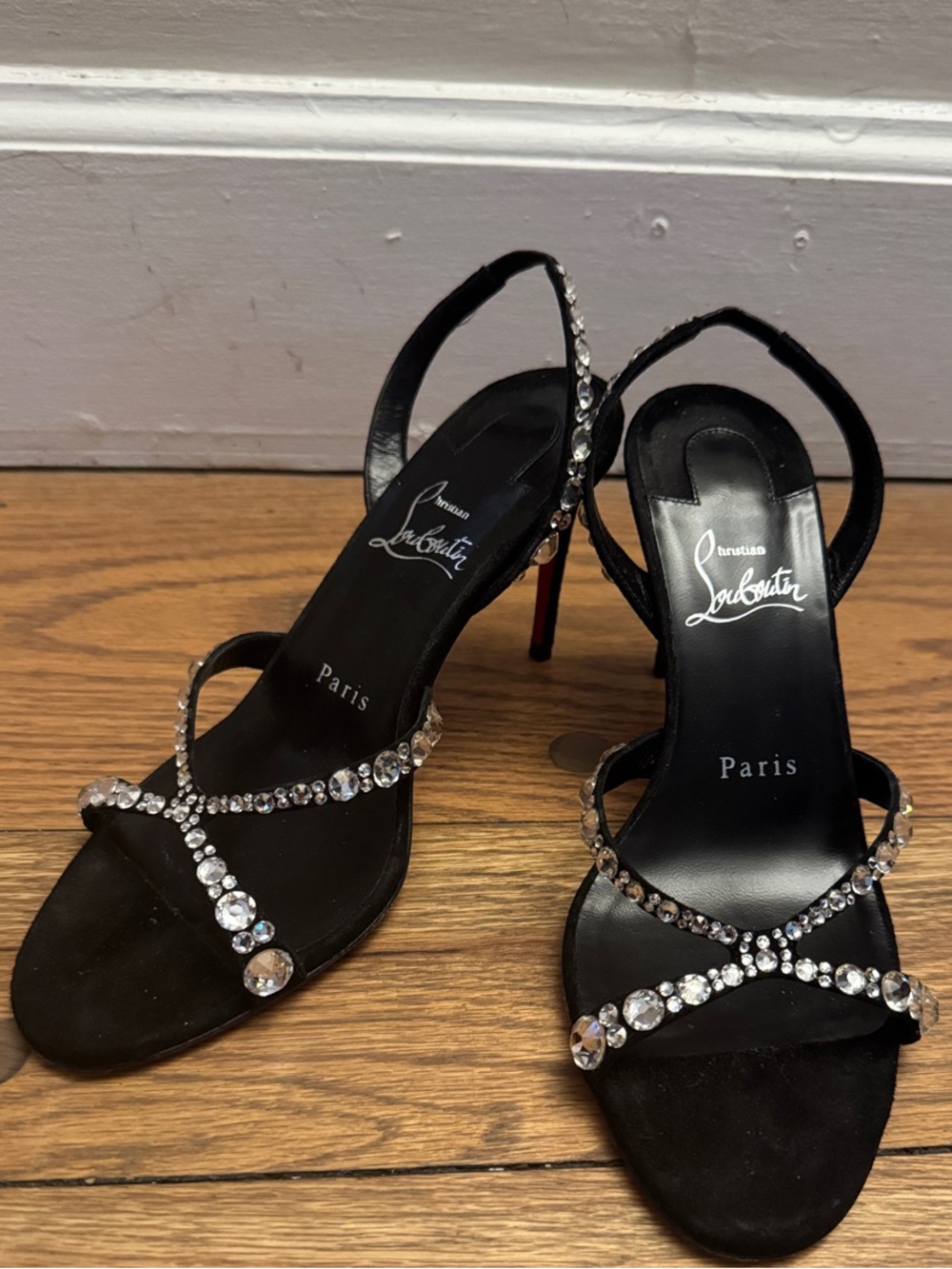 Christian Louboutin Black Crystal Cross-Strap Slingbacks